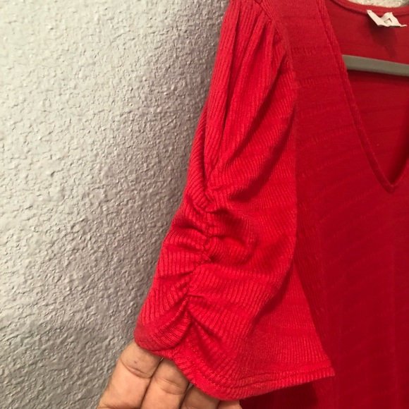 Loft Tee Shirt Dress Stretchy Cotton Blend Red “Seersucker” Ruched Sleeve V Neck - Picture 5 of 9